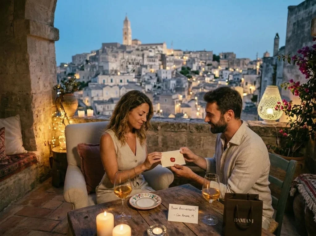 Presenting a piece of jewellery as a gift during a romantic dinner with a view of Matera
