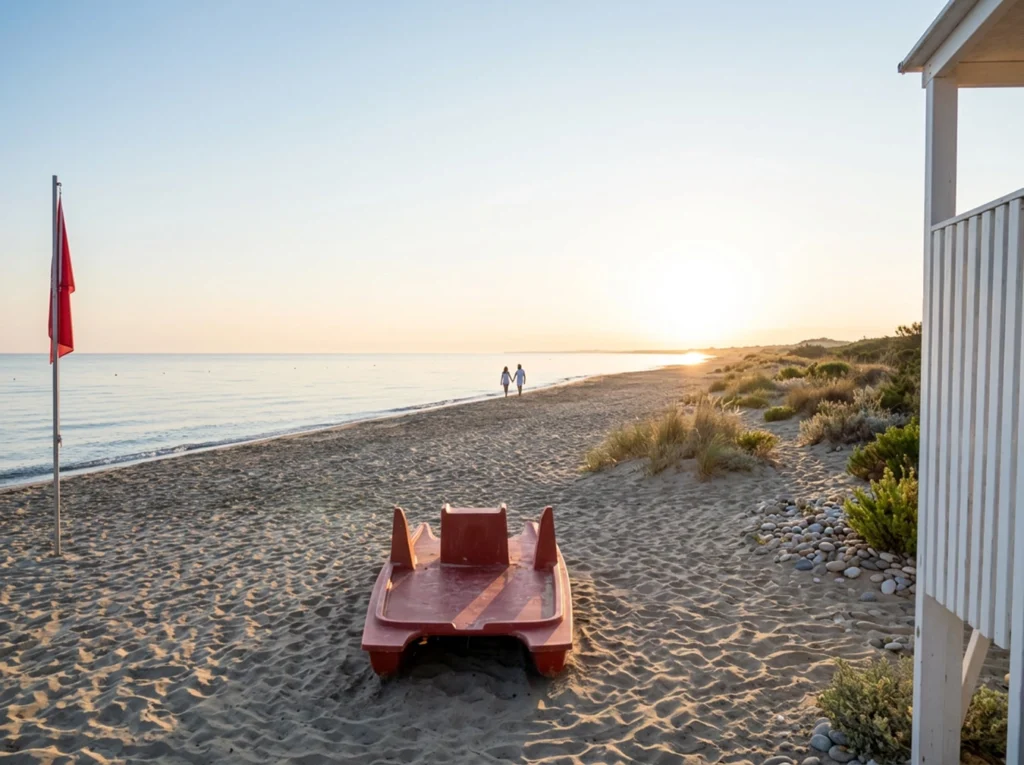 Beach at sunset evoking the setting and narrative inspiration of the Le Sirene jewellery piece