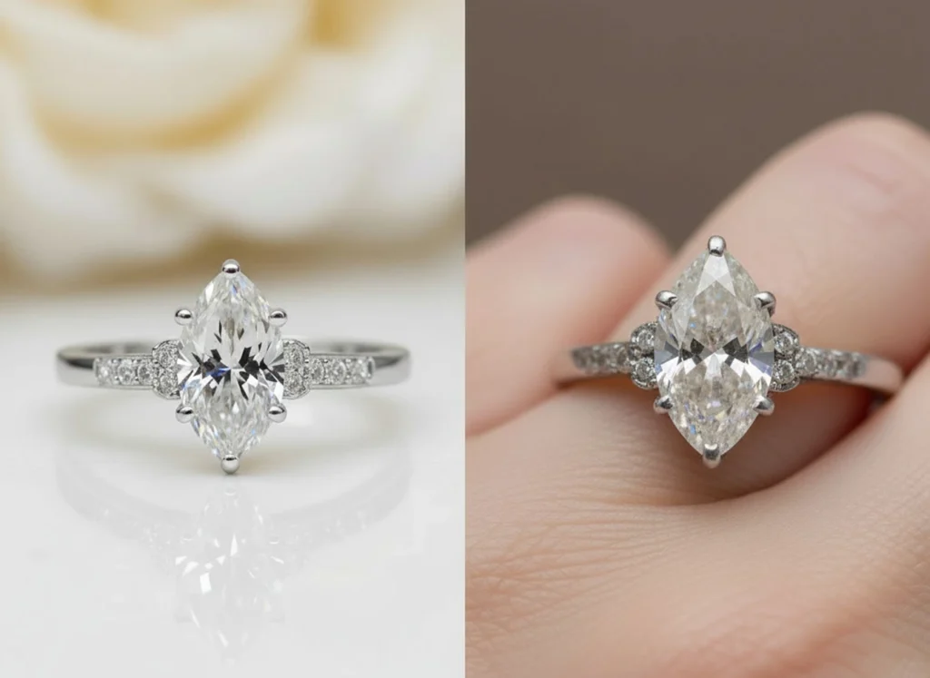 Anello in oro bianco con diamante centrale prima e dopo la pulizia, esempio dei risultati ottenibili con una corretta manutenzione del gioiello.
