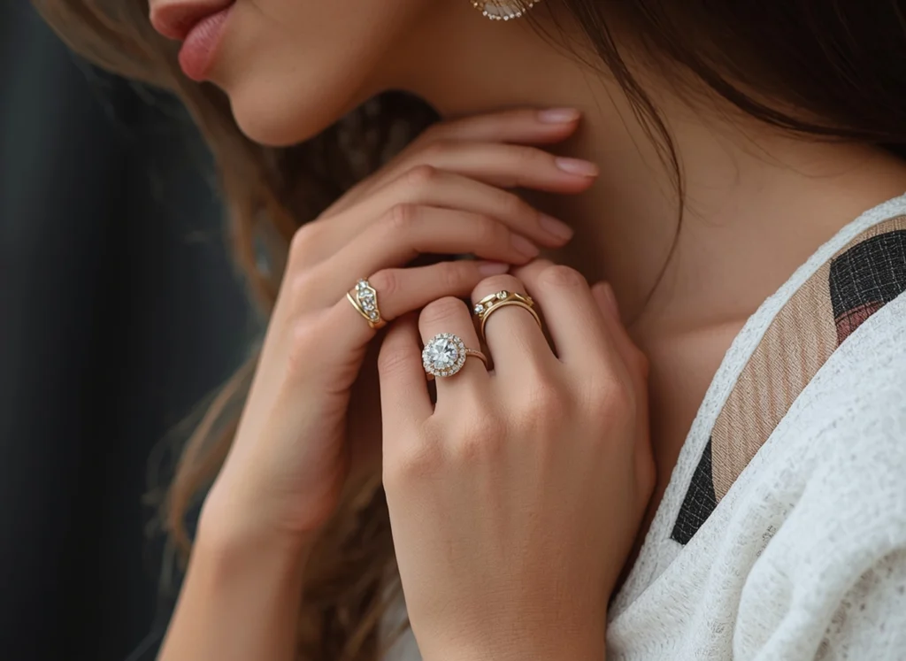 Woman wearing bespoke handcrafted rings, an image dedicated to the choice of unique, personalised jewellery.