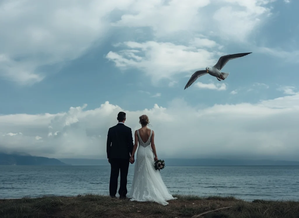 Newly-wed couple looking out to sea with a gull in flight, a symbolic image that recalls the story of the Piuma narrative engagement ring.