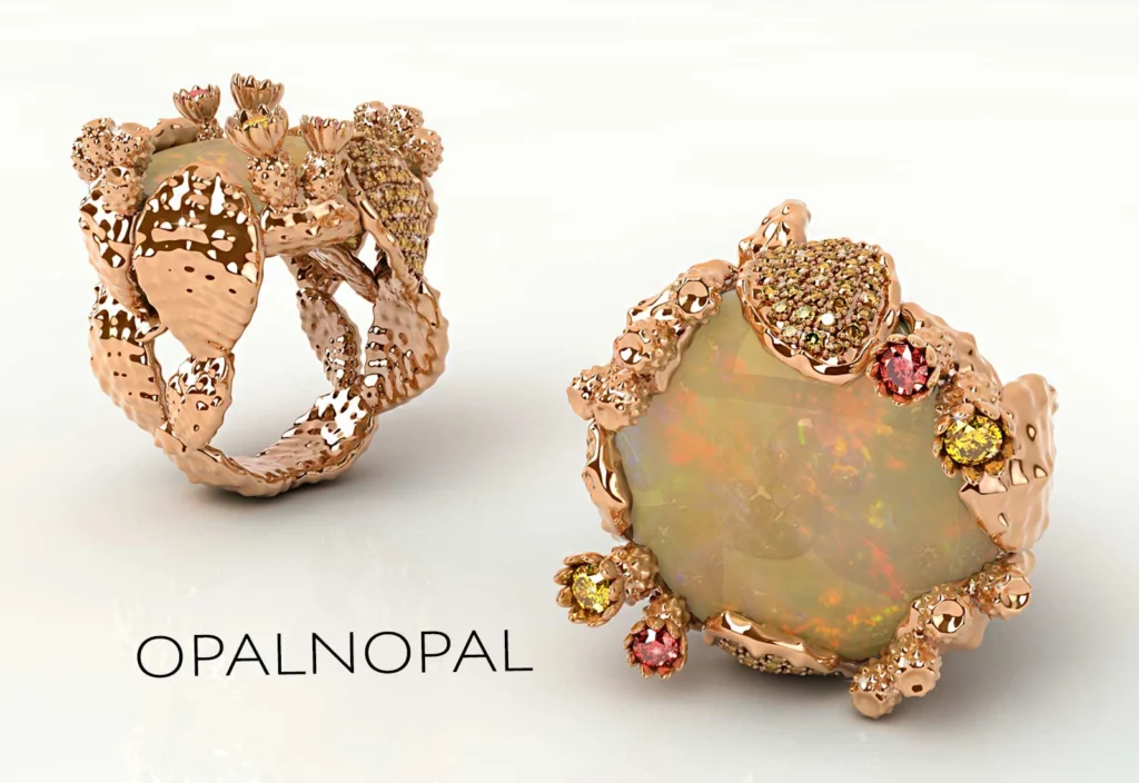 Anello Opalnopal in oro rosa con opale etiope centrale e gemme colorate ispirato ai fichi d’India della Murgia.