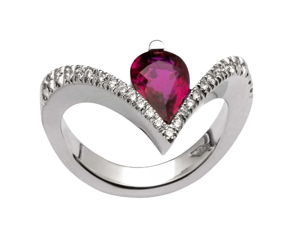Handmade white gold ring with a red heart-shaped ruby and diamonds, custom-made by Antonio Colonna
