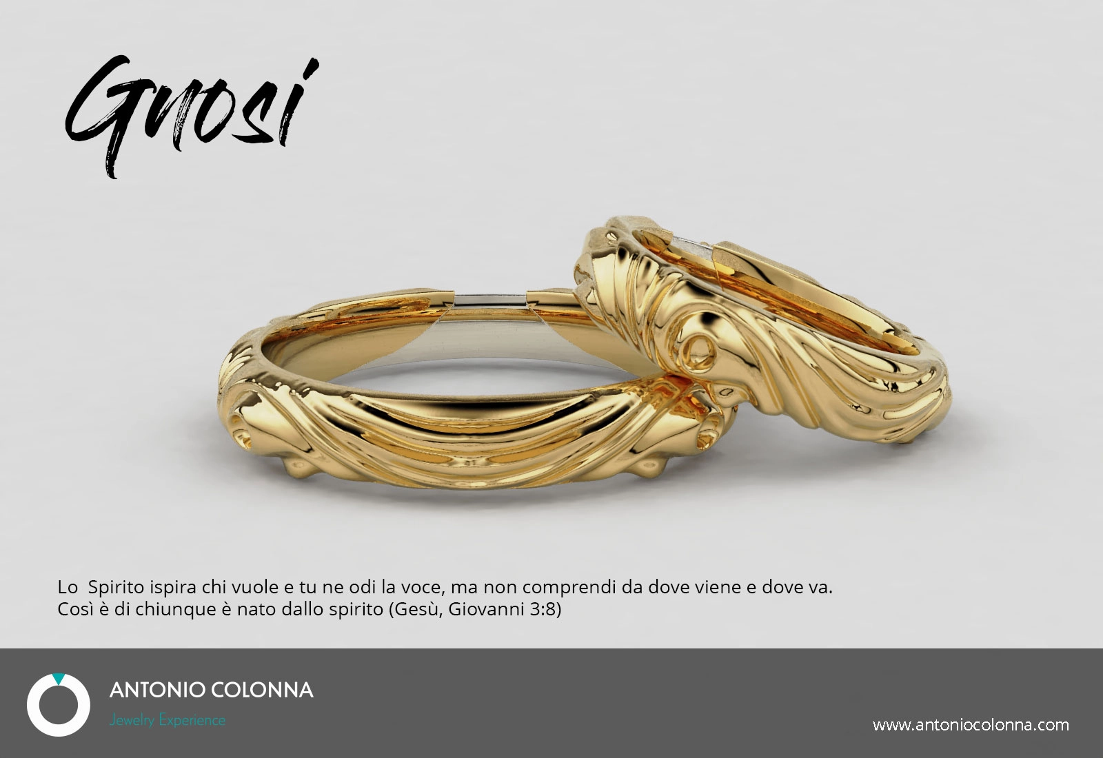 Photographic rendering of the Gnosi narrative wedding rings designed for Mariateresa and Eusebio