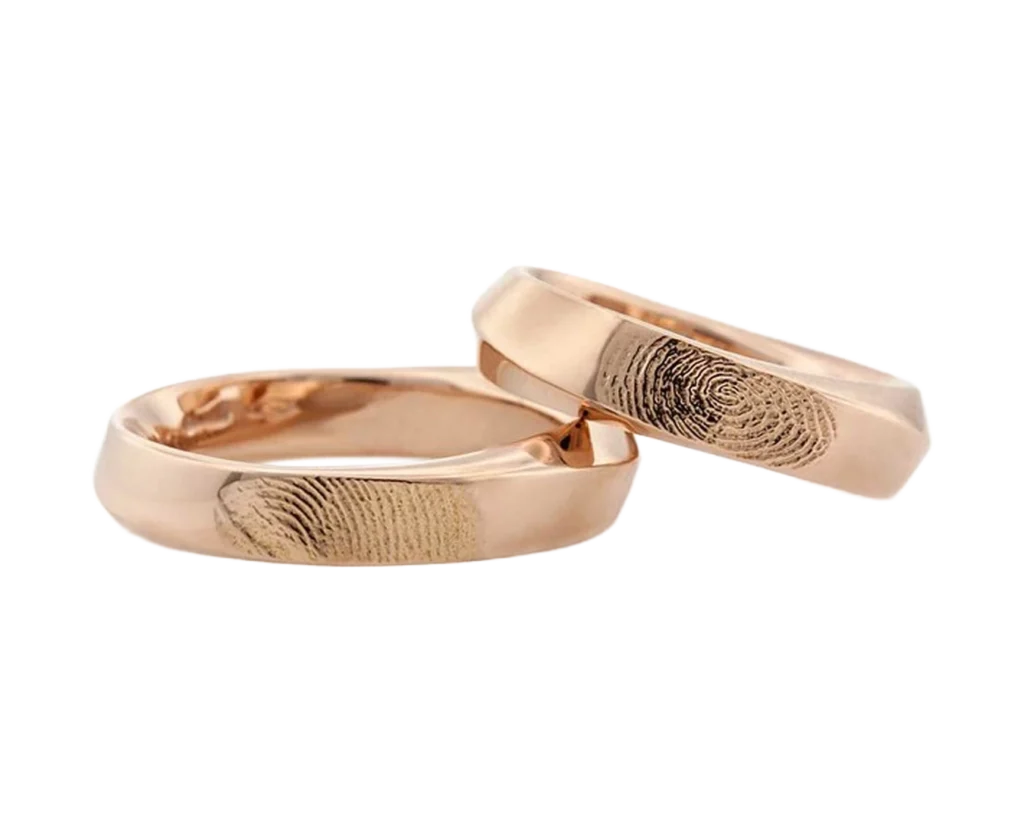 Handcrafted rose gold wedding rings with personalised engraved fingerprints, made to measure by Antonio Colonna