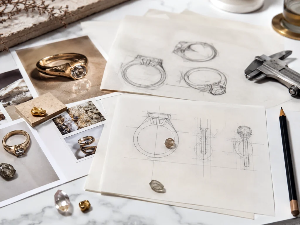 Jewellery design on a desk with sketches and goldsmith's tools