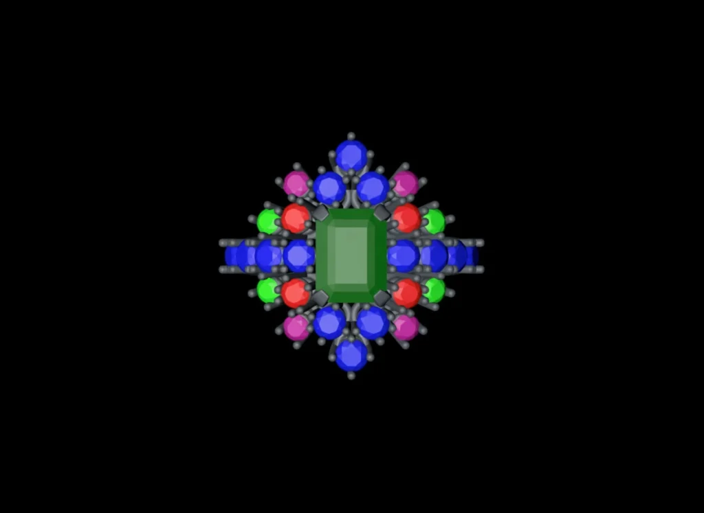 CAD diagram showing the dimensions and positioning of the gemstones for the Mimosa ring