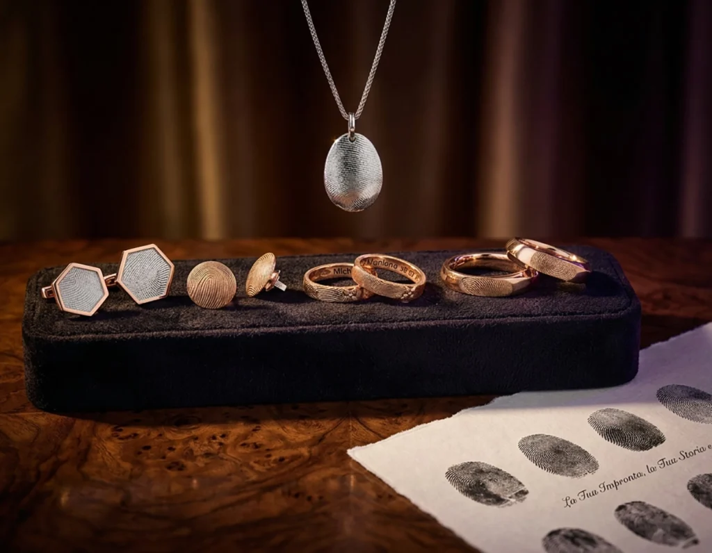 Handcrafted fingerprint bespoke jewellery collection comprising rings, cufflinks and pendants made by Antonio Colonna