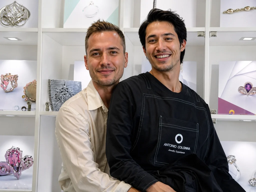 Two smiling men in the Antonio Colonna atelier for an article on rings and jewellery for LGBTQ+ civil unions.