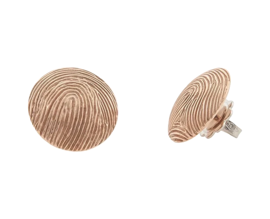 Bespoke rose gold handmade earrings with a personalised fingerprint crafted by Antonio Colonna