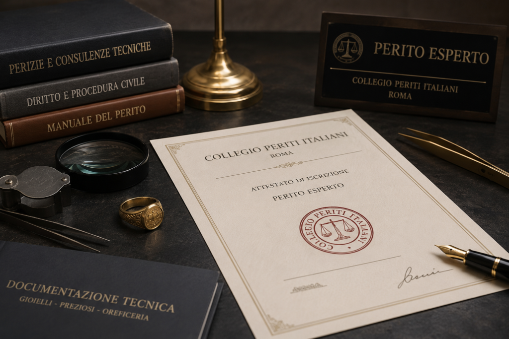 Professional instruments for jewellery appraisals, technical documentation and membership of the Italian Register of Experts in the context of Antonio Colonna's business.