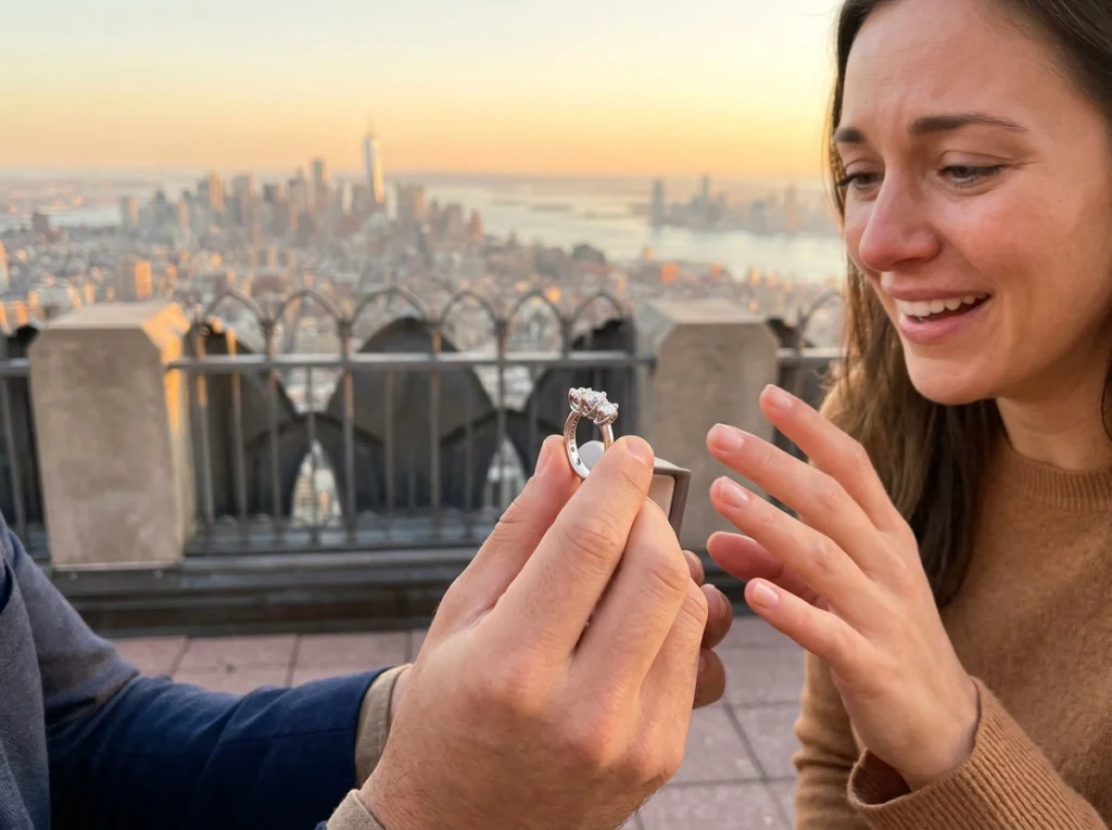 Proposta di matrimonio a New York con anello Trilogy in oro bianco e diamanti