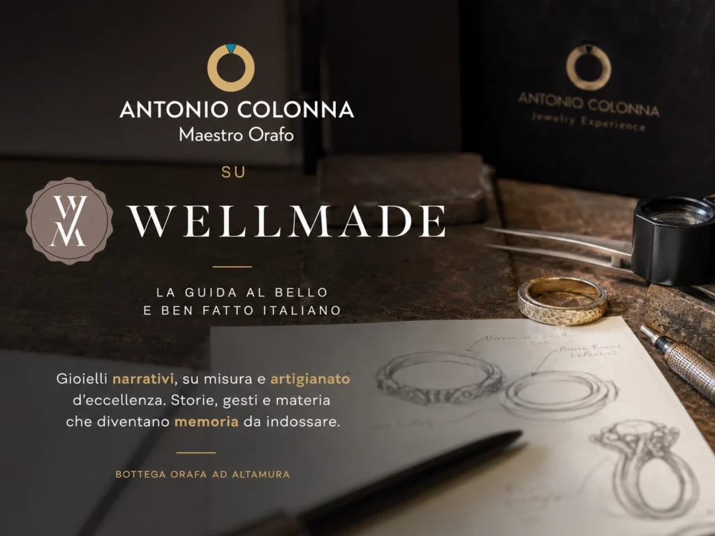 Wellmade and Antonio Colonna logos on a design table with sketches, goldsmith tools, and artisanal Italian jewellery