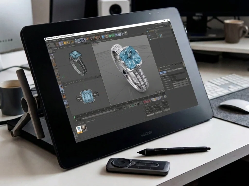 Modellazione 3D dell’anello Promessa con acquamarina e studio della struttura
