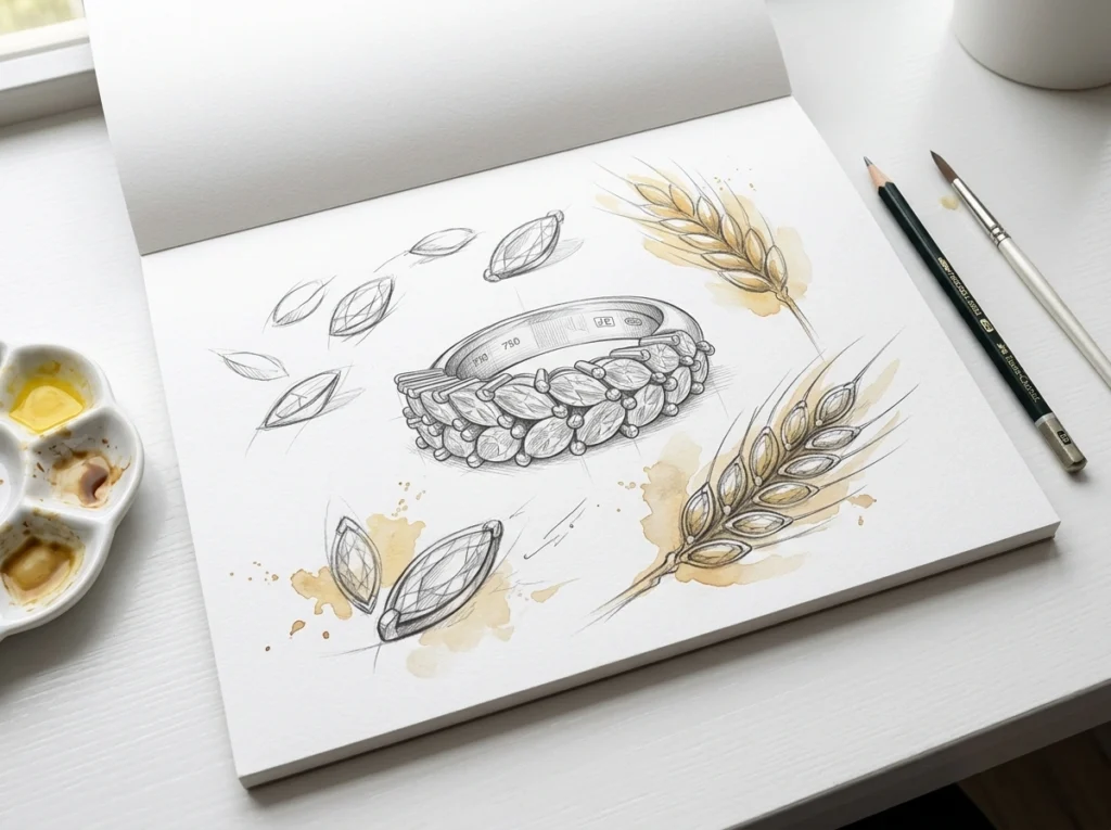 Disegno progettuale dell’anello Chicchi di grano ispirato alla forma della spiga