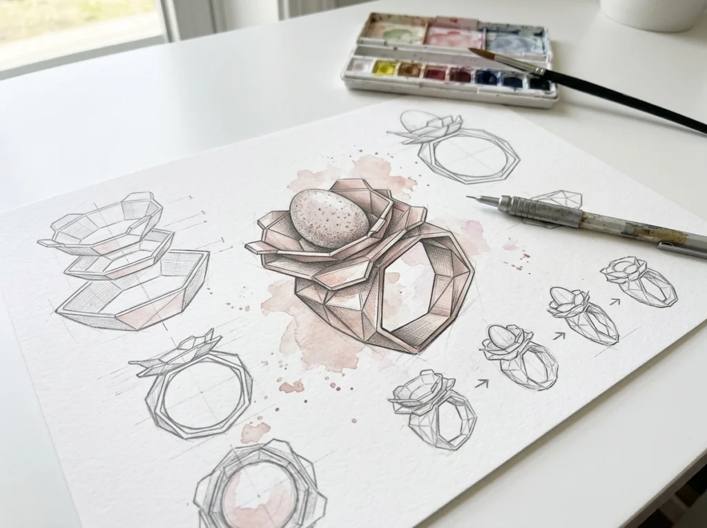 Design drawings of the Nido ring with low-poly geometries and structural study